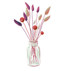 bouquet of dried flowers in a glass vase illustration
