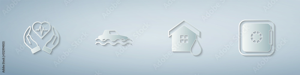 Wall mural set life insurance, flood car, house flood and safe. paper art style. vector