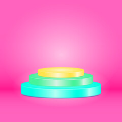 blue, green and yellow pastel cylinder podium with pink pastel background. 3d, minimal, simple, modern, colorful and elegant style. suitable for pedestal, product display and stage showcase