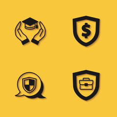 Set Education grant, Briefcase with shield, Shield and dollar icon with long shadow. Vector