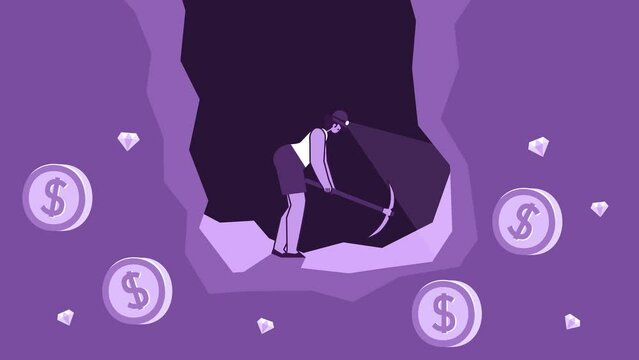 Purple Style Woman Flat Character Mining Dollar Coins Cent in Cave. Isolated Loop Animation