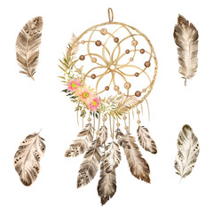 Watercolor illustration dreamcatcher with feathers and flowers, boho style, home decor - obrazy, fototapety, plakaty