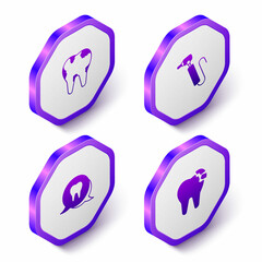 Set Isometric Broken tooth, Tooth drill, and icon. Purple hexagon button. Vector