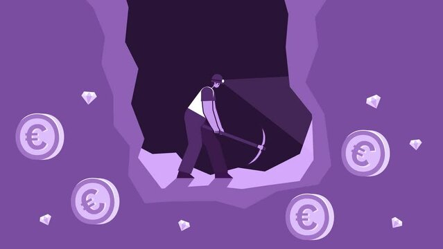 Purple Style Man Flat Character Mining Euro Coins in Cave. Isolated Loop Animation