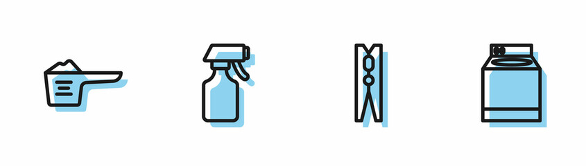 Set line Clothes pin, Washing powder, Water spray bottle and Washer icon. Vector