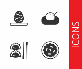 Set Homemade pie, Chinese tea egg, Dumpling with chopsticks and Mochi icon. Vector