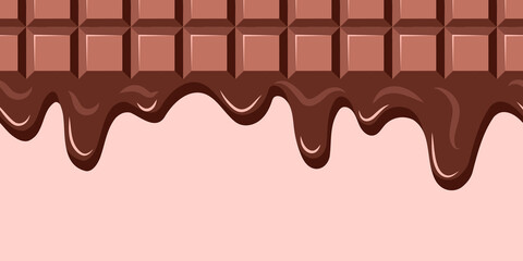 Seamless vector chocolate border. Melting chocolate with tiles and dripping melted drops. Delicious delicious design, sweetness of cocoa
