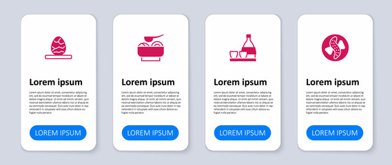 Set Served cucumber on a plate, Bottle of sake, Ramen soup bowl and Chinese tea egg. Business infographic template. Vector