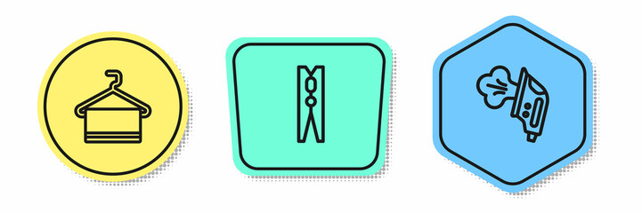 Set line Towel on hanger, Clothes pin and Electric iron. Colored shapes. Vector