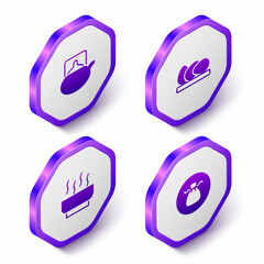 Set Isometric Traditional tea ceremony, Chicken egg, Ramen soup bowl and Wonton icon. Purple hexagon button. Vector