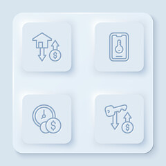 Set line House with dollar, Online real estate, Time is money and Rent key. White square button. Vector