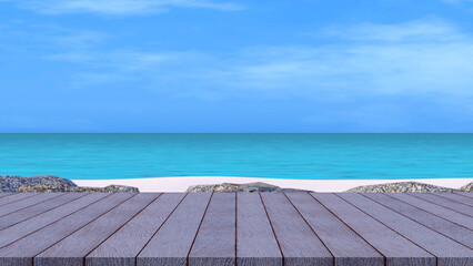 Sea view of bright blue sky and white cloud with turquoise color ocean from wooden deck, focus on deck only with little blur seascape background for easy to pose your product on it. 3d illustration. - 512996245