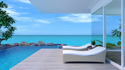Seascape view from a luxury modern house. Taken view of wooden terrace with swimming pool and pool side bed with bright blue sky and white cloud background. 3d illustration. - 512996247