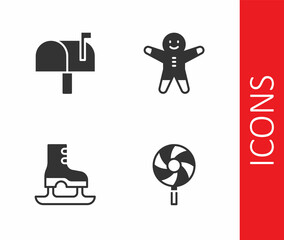 Set Lollipop, Mail box, Skates and Holiday gingerbread man cookie icon. Vector