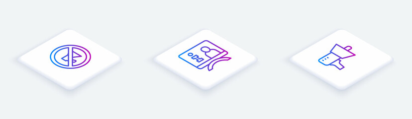 Set Isometric line Censored stamp, Television report and Megaphone. White square button. Vector