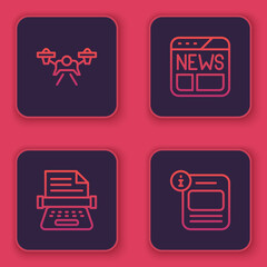 Set line Drone, Retro typewriter, News and Information. Blue square button. Vector