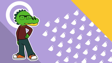 standing young crocodile cartoon with fashion clothing background in vector format