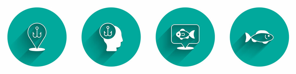 Set Fishing hook, Fisherman, Location fishing and icon with long shadow. Vector