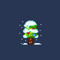 winter Christmas tree in pixel art style