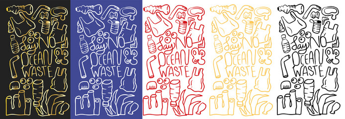 doodle illustration of plastic waste that damages the marine ecosystem	. Say No ocean waste typography isolated on white background. ocean pollution