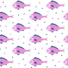 Fototapeta na wymiar Cartoon fish seamless pattern. Sea life theme background in pink colors. Ocean, wildlife or baby animals wallpaper. Flat design. 