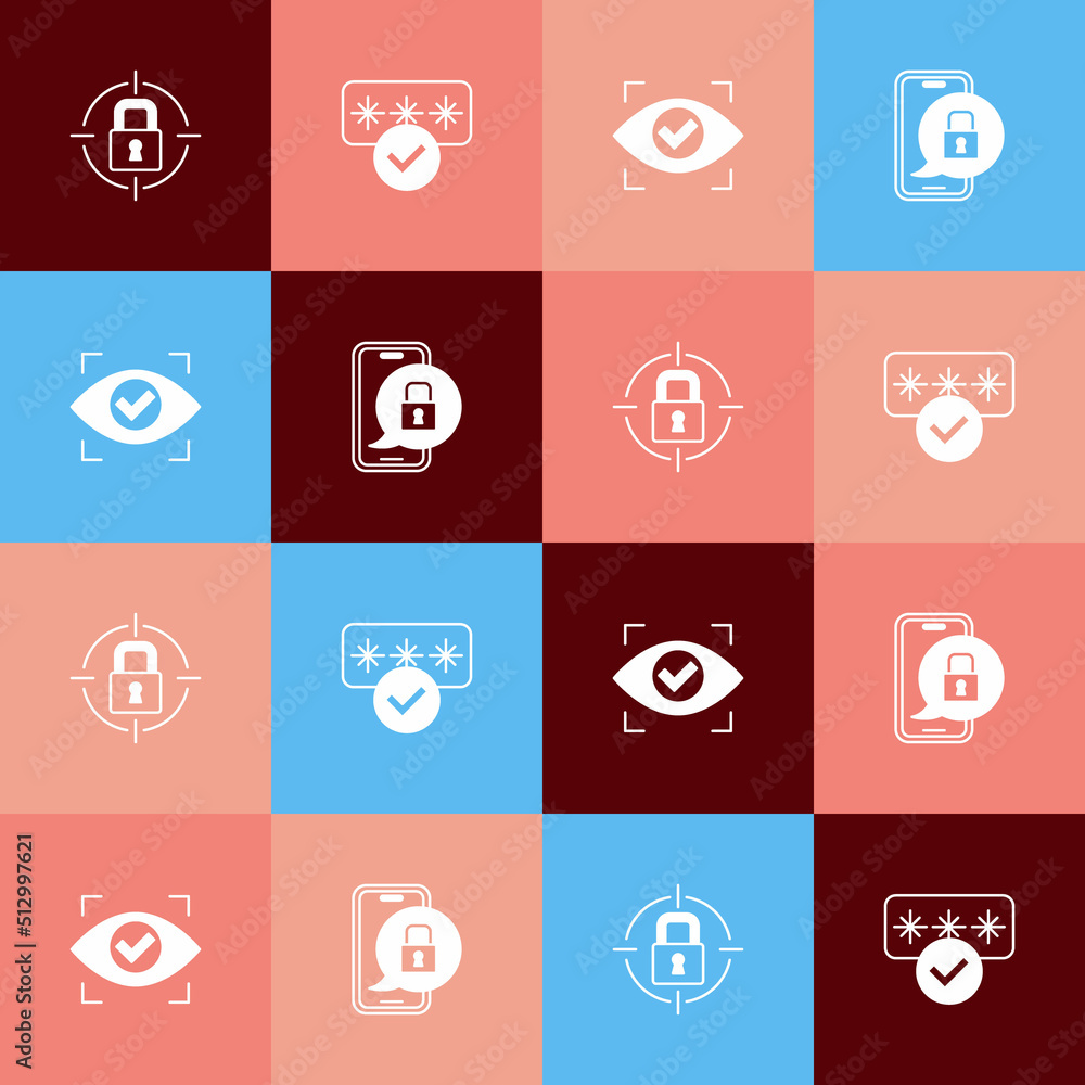 Poster set pop art lock, password protection, eye scan and mobile with closed padlock icon. vector