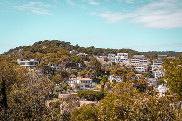 Aerial view of fortress in Tossa de Mar, Costa Brava, Spain. Historical coastal old town on a hill near Mediterranean Sea