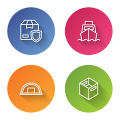 Set line Delivery security with shield, Cargo ship boxes delivery, Warehouse and Carton cardboard. Color circle button. Vector