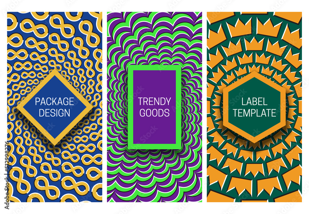 Poster set of packaging design with optical illusion backgrounds of various geometric shapes. moving hypnot