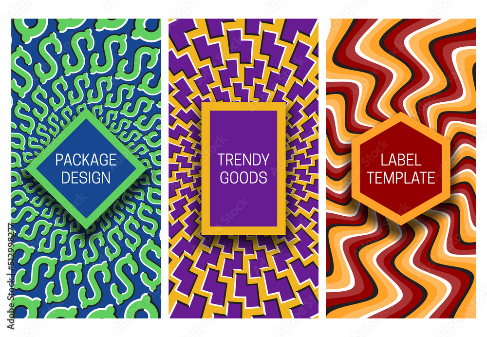 Poster set of packaging design with creative optical illusion backgrounds. moving hypnotic backdrop of geom