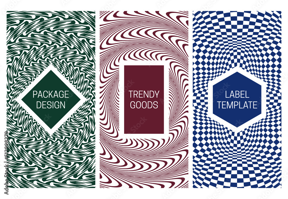 Aufkleber set of packaging design with creative monochrome pattern. trippy optical backgrounds with frames for