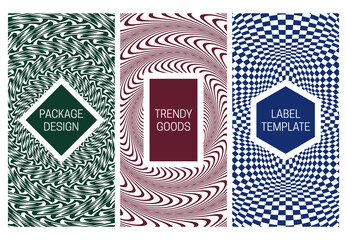 Set of packaging design with creative monochrome pattern. Trippy optical backgrounds with frames for text.