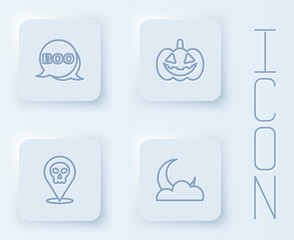 Set line Boo speech bubble, Pumpkin, Skull and Moon and stars. White square button. Vector