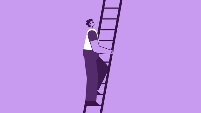 Purple Style Man and Woman Flat Characters Climbing Up the Ladder. Isolated Loop Animation with Alpha Channel