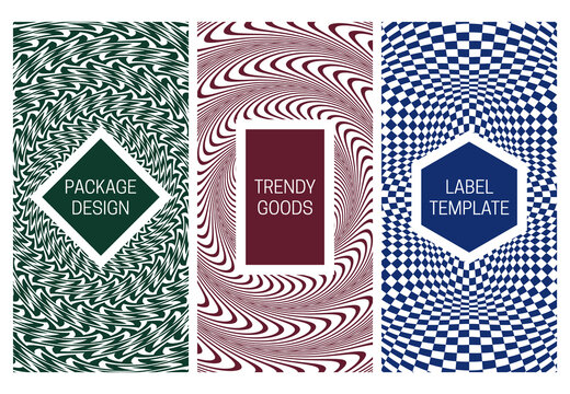 Set Of Packaging Design With Creative Monochrome Pattern. Trippy Optical Backgrounds With Frames For Text.