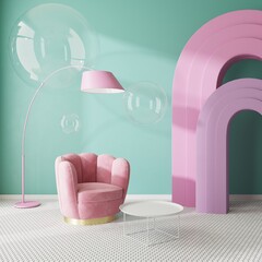 Colorful surreal interior with pink armchair and arches and light green wall, soap bubbles, 3d rendering