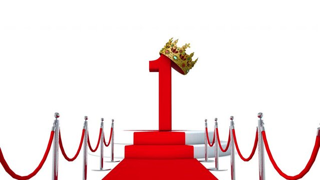 3D animation of the number one wearing a crown on red carpet