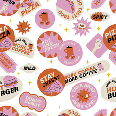 Vector set of retro fast food stickers. Colorful patch badges for junk food cafe. Seamless patterns.