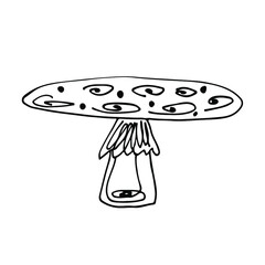 Doodle sketch fly agaric mushrooms hand drawn. Black silhouette of a mushroom and swirls. Icon, postcard, logo