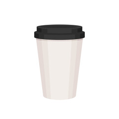 Paper Coffee to go cup cartoon illustration with black cap. White takeaway coffee cup. Isolated cartoon illustration on white background. Latte, cappuccino, americano	