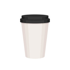 Paper Coffee to go cup cartoon illustration with black cap. White takeaway coffee cup. Isolated cartoon illustration on white background. Latte, cappuccino, americano	