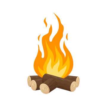Bonfire in vector cartoon style. Campfire with firewood. Pyramid firewood pile. Stack of bricks. Fireplace
