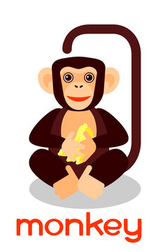 Funny cute monkey with bananas and a shadow. Hand-drawn inscription. Cute chimpanzee in a flat geometric style. Simple vector illustration isolated on a white background