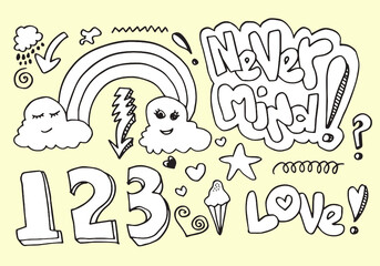 set of hand drawn doodles, stickers, phrases and lettering.