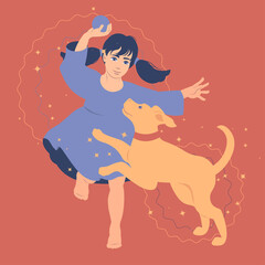 Young girl playing with her dog flat style vector illustration. Kids and pets series. - 512999817