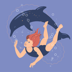 Young girl swimming with dolphin flat style vector illustration. - 512999857