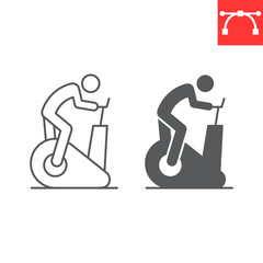 Person riding exercise bike line and glyph icon, fitness and sport, exercise bike vector icon, vector graphics, editable stroke outline sign, eps 10.