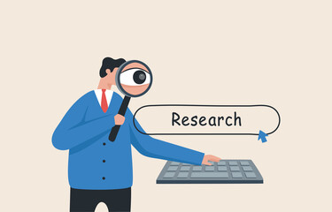 Search for a job or do research in marketing. Find new solutions.  Brand researching information.  Businessman looking for a job with a magnifying glass.