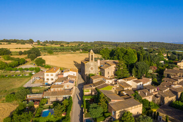 Fototapeta na wymiar Aerial drone photo of Spanish city Pubol. castle of pubol spain. small town located in the municipality of La Pera province of Girona, Catalonia. Top view from above