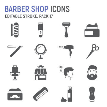 Barber shop glyph icon set, barbershop collection, vector graphics, logo illustrations, barber shop vector icons, cosmetic signs, solid pictograms, editable stroke